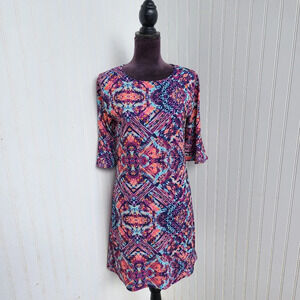 Kaiya Designs Womens Pink Purple Geo Dress Shift Tunic Sheath Boho Stretch Sz M